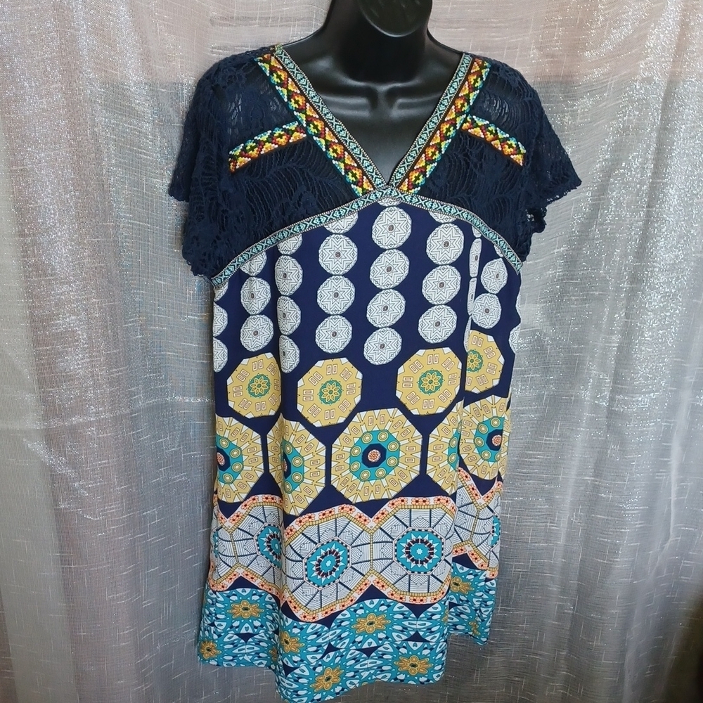Orange Creek lace shoulder embroyered shift dress, blue, yellow, Torquoise, M